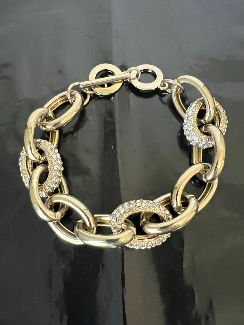 Chunky Gold Chain Bracelet w/ Rhinestone Links Toggle Clasp Statement Jewelry